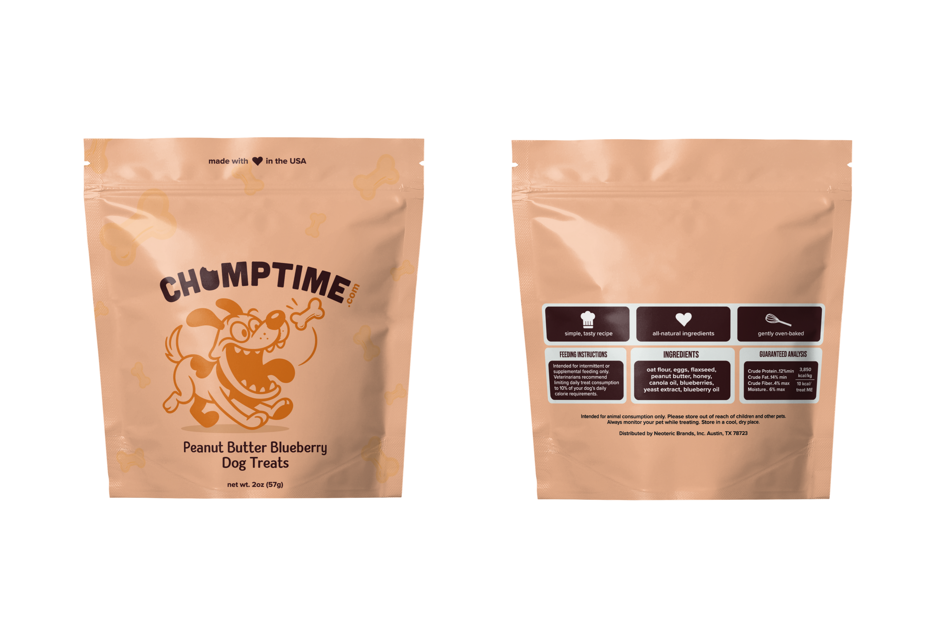 Two packages of Chomptime sweet potato dog treats on a white background